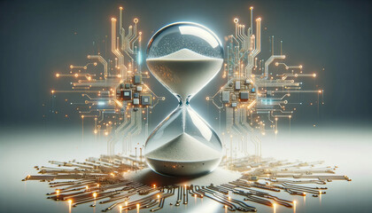 AI-powered hourglass, where the sand grains are tiny microchips and circuits. As the grains fall, they form digital patterns and connections - obrazy, fototapety, plakaty