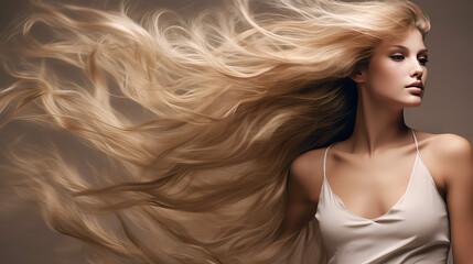 Long female hair fluttering in the wind on flat color background with copy space. Beautiful healthy hair. 