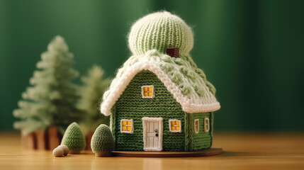 Miniature toy model of a house in a warm knitted winter scarf. Creative concept for mortgages, winter discounts and warm housing.  - obrazy, fototapety, plakaty