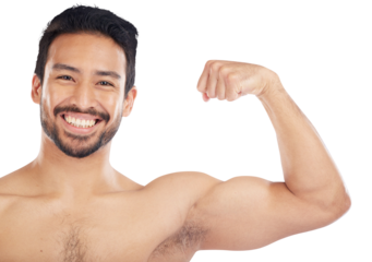 Portrait with strong muscle, bodybuilder and flex bicep, arm or growth from gym on isolated, transparent or png background. Man flexing, body check or progress of muscles from in exercise or workout