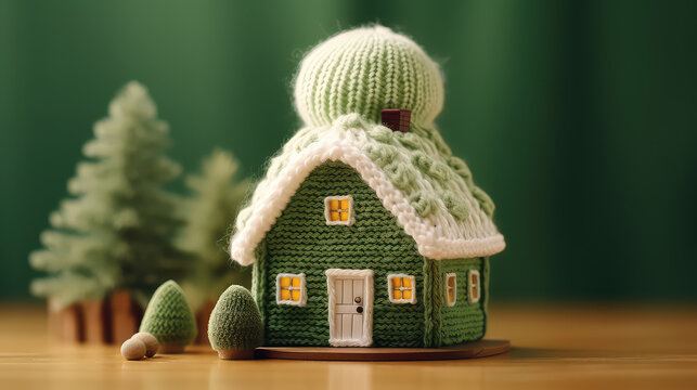 Miniature toy model of a house in a warm knitted winter scarf. Creative concept for mortgages, winter discounts and warm housing. 
