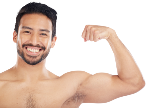 Portrait with strong muscle, bodybuilder and flex bicep, arm or growth from gym on isolated, transparent or png background. Man flexing, body check or progress of muscles from in exercise or workout