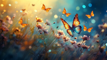 Oil painting style illustration of colorful butterflies on the flowers