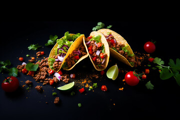 Mexican street food. traditional Mexican corn tacos composition on black background