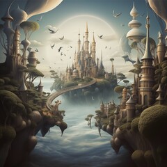 Fantasy landscape illustration with castle and city