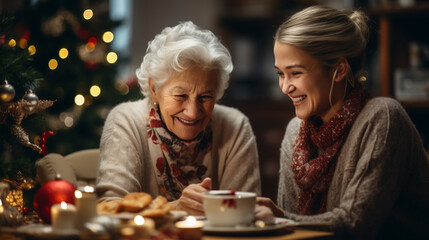 Obraz na płótnie Canvas Happy grandmother drinking tea with granddaughter, Christmas tree at home