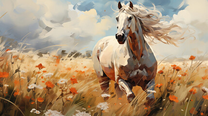 Oil painting style illustration of hors in the meadow