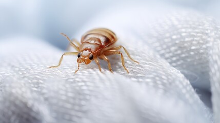 Closeup image of bed bugs crawling on a white cloth. Increasing issue of insect invasions and infestations in Europe. The image highlights the need for effective pest control measures. - obrazy, fototapety, plakaty