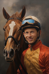 Portrait of a jockey and their horse. - obrazy, fototapety, plakaty