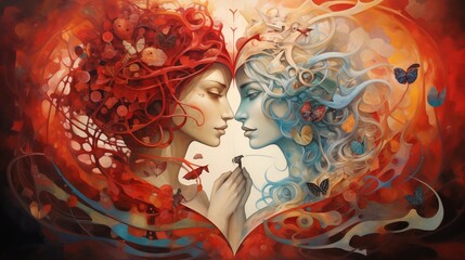 Illustration of two women in love in heart shape