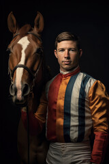 Portrait of a jockey and their horse.