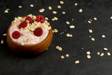 fresh yogurt with raspberry flavor, close up