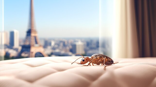 A closeup image of a bed bug infestation on a mattress. France and Paris widespread problem of bedbugs insects. Bugs invasion in Europe and cleanliness importance to avoid and prevent from pests.