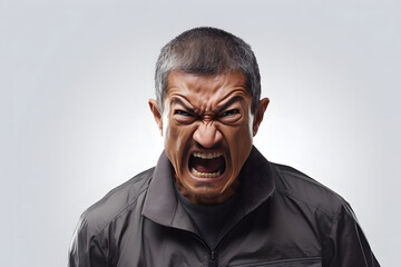 Angry mature Asian man screaming in rage, head and shoulders portrait on white background. Neural network generated image. Not based on any actual person or scene.