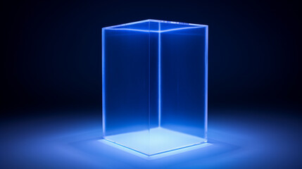 A transparent blue cube on a black background