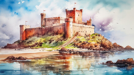 A fortress on the island, watercolor painting