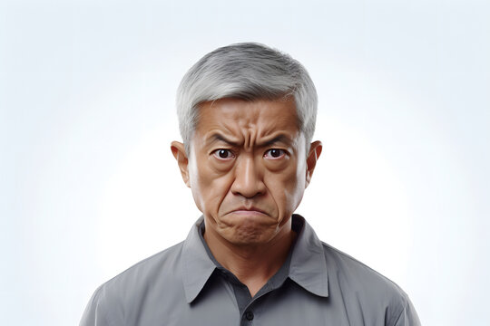 Angry mature Asian man, head and shoulders portrait on white background. Neural network generated image. Not based on any actual person or scene.