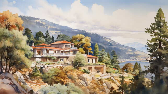 A villa in the mountains, painted in watercolor