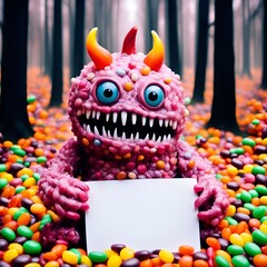 Halloween cute monster holding blank sign