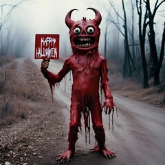Scary monster holding happy Halloween sign