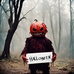 Jack o lantern costume holding happy Halloween sign
