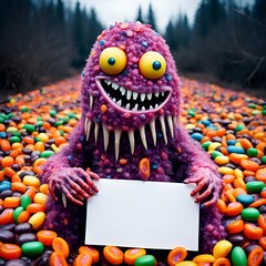 halloween monster with sign