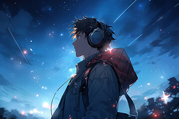 Fototapeta premium anime guy listens to music in large headphones against the background of the night starry sky, profile view