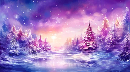 Poster Winter landscape with fir trees and snowflakes illustration. Selective focus © Slava