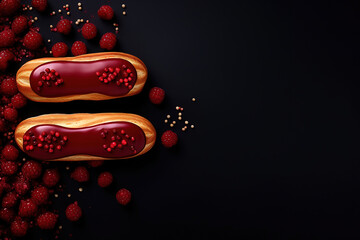 Éclairs advertising , in a minimalistic photographic approach, top view, with red background, artistic arrangement and ambiance, with empty copy space
