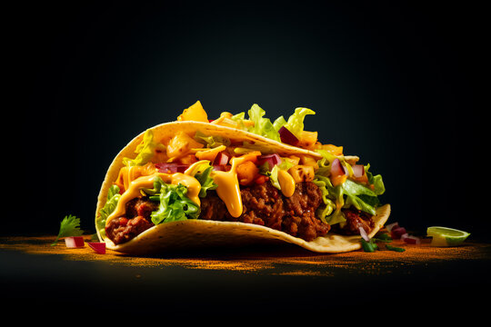 Mexican street food. traditional Mexican corn tacos composition on black background