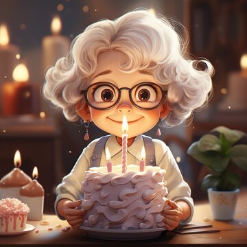 cartoon cute old woman grandmother in glasses congratulates and holds a cake with candles in her hands