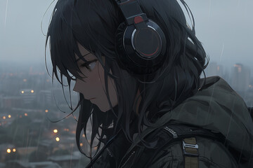 portrait of a sad lonely anime girl listening to music with big headphones in the rain - obrazy, fototapety, plakaty