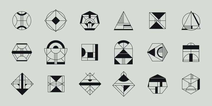 Vector set of geometric shape logos, hipster, art deco line signs. Minimal signs, design elements, arches, circles and hexagons