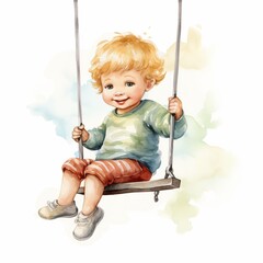 illustration of Watercolor cartoon cute child riding a swing isolate , Generative ai