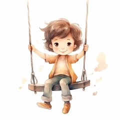 illustration of Watercolor cartoon cute child riding a swing isolate , Generative ai
