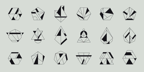 Vector set of geometric shape logos, hipster, art deco line signs. Minimal signs, design elements. Triangles, hexagons, origami style. - obrazy, fototapety, plakaty