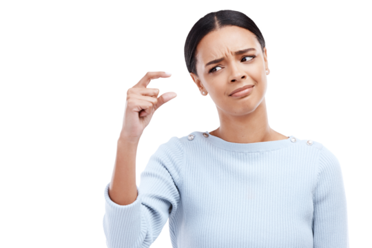 Small sign, hand and woman with size, gesture or symbol on isolated, png and transparent background. Little, icon and female person with finger emoji disappointed with scale, review and opinion