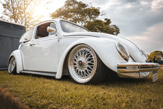 A classic Volkswagen Fusca Beetle 1971 on display at a vintage car fair show in the city of Londrina, Brazil. Annual vintage car meeting.