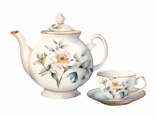Vintage Floral Porcelain Ceramic Teacup and Teapot with Flowers. Vintage card. Watercolor Hot Tea Set, Afternoon Tea, Tea Cup with Tea Pot. Retro Drink. Generative AI.