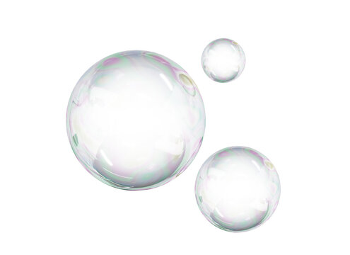 3D Soap bubble floating on white background. Water foam bubbles with rainbow colors. Realistic iridescent ball. Soap transparent balloon. 3D Rendering