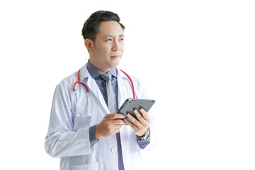 Medicine and healthcare concept : happy and cheerful senior asian doctors standing while using tablet on white background.