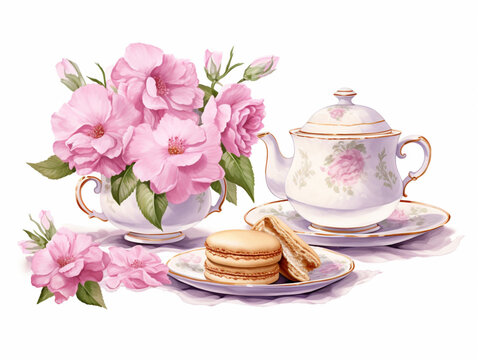 Vintage Floral Porcelain Ceramic Teacup and Teapot with Flowers. Vintage card. Watercolor Hot Tea Set, Afternoon Tea, Tea Cup with Tea Pot. Retro Drink. Generative AI.