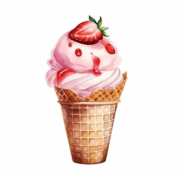 illustration of watercolor ice cream with strawberry in waffle, Generative ai