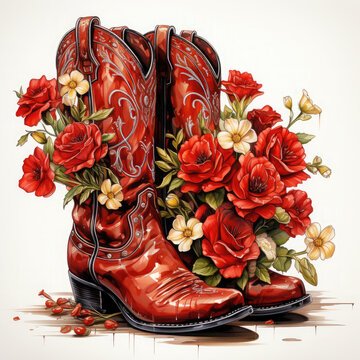 Watercolor Red cowboy boot with red roses white background Clipart, Generative Ai
