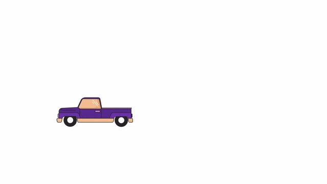 Pickup truck riding line 2D object animation. Pick up truck farm flat color cartoon 4K video, alpha channel. Old fashioned car side view. Countryside farmer vehicle animated item on white background