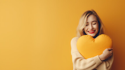 Horizontal photo copy space yellow young adult woman hugging a heart cushion. Lifestyle concept