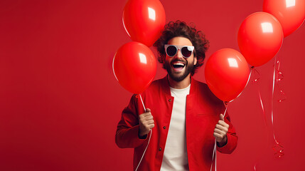 Horizontal photo copy space red. Mid adult man, with red balloons. Lifestyle concept
