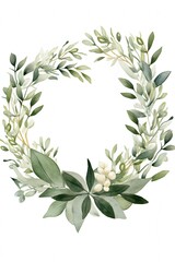 Green Plant and Herb Watercolor Wreath Illustration on White Background
