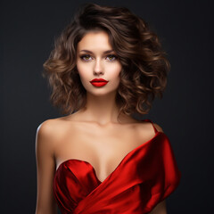 Atractive Woman in Red Mini Dress. Fashion Model in Cocktail Party Gown. Happy Beautiful Gil with Curly Hairstyle and Red Lip Makeup over dark Gray background - obrazy, fototapety, plakaty