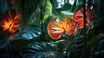 A dance of shadows and lights with tropical leaves forming intricate patterns, where a single,...